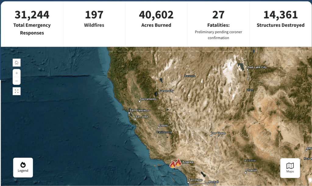 Map of California showing wildfire locations with statistics on emergency responses, including 31,244 total responses, 197 wildfires, 40,602 acres burned, 27 fatalities, and 14,361 structures destroyed. Highlighting the need to support Southern California rebuild.